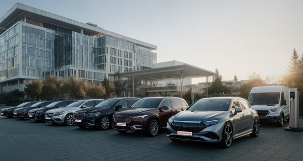 Fahrzeugleasing der Deutschen Leasing Diverse Autos stehen vor einem Glasgebäude der Deutsche Leasing