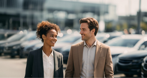 Die Deutsche Leasing als kompetenter und zuverlässiger Partner für Mobilitätslösungen Wir sind Mobility - zwei Personen laufen vor verschiedenen Autos